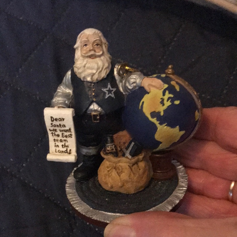 Dallas Cowboys NFL Santa Figurine with Globe and Letter - Navy, Gold, Cream